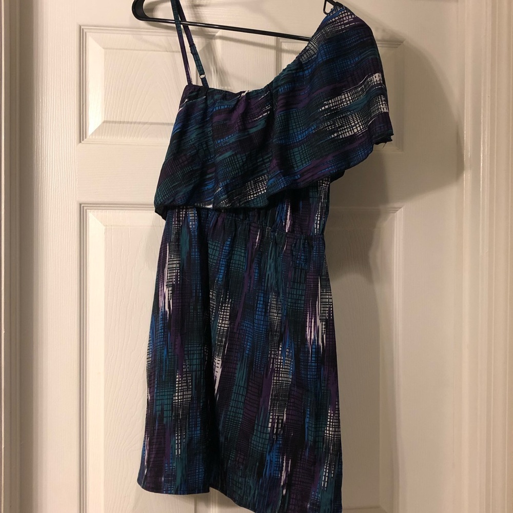 Multi colored, one shoulder dress.